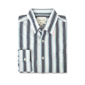 Mens Size L American Eagle White/Gray/Blue Stripe 100% Cotton LS Button Down EUC